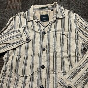 Todd Snyder 100% Italian Linen Chore Coat Shirt Striped Jacket Tan Men's Size XL